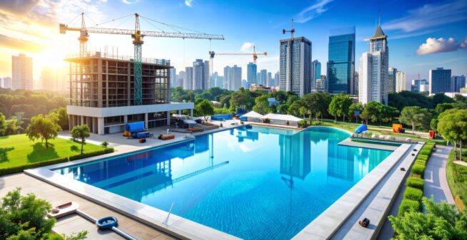 Firefly_-Professional hero image modern construction site with cranes, buildings, tools (wren 467435